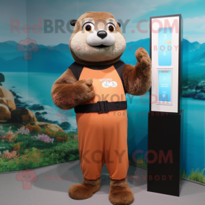 Peach Otter mascot costume character dressed with a Turtleneck and Digital watches
