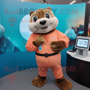 Peach Otter mascot costume character dressed with a Turtleneck and Digital watches