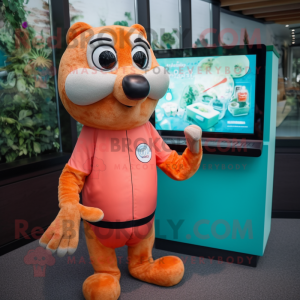 Peach Otter mascot costume character dressed with a Turtleneck and Digital watches