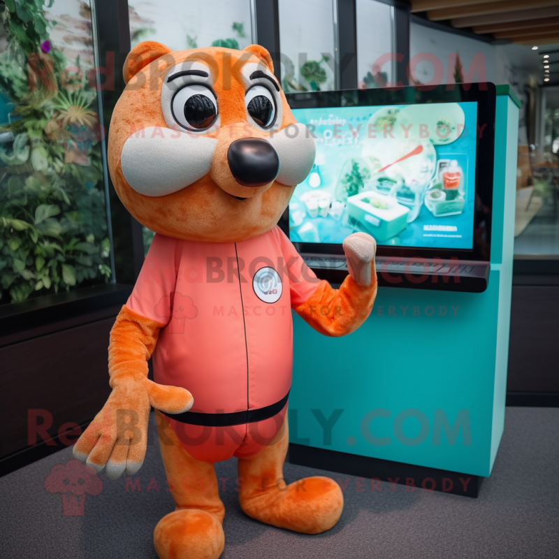 Peach Otter mascot costume character dressed with a Turtleneck and Digital watches Peach Otter mascot costume character dressed with a Turtleneck and Digital watches
