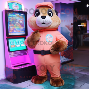 Peach Otter mascot costume character dressed with a Turtleneck and Digital watches