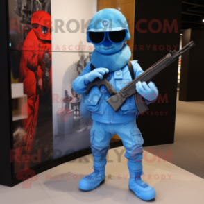 Sky Blue Sniper mascot costume character dressed with a Graphic Tee and Gloves