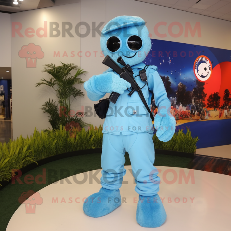 Sky Blue Sniper mascot costume character dressed with a Graphic Tee and Gloves