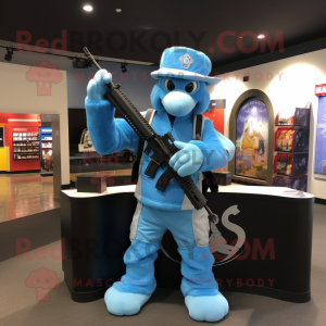 Sky Blue Sniper mascot costume character dressed with a Graphic Tee and Gloves