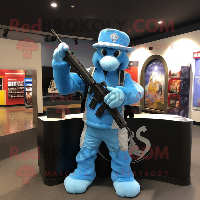 Sky Blue Sniper mascot costume character dressed with a Graphic Tee and Gloves Sky Blue Sniper mascot costume character dressed with a Graphic Tee and Gloves
