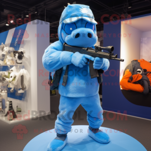 Sky Blue Sniper mascot costume character dressed with a Graphic Tee and Gloves