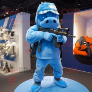 Sky Blue Sniper mascot costume character dressed with a Graphic Tee and Gloves
