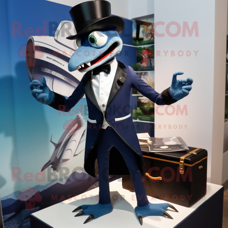 Navy Dimorphodon mascot costume character dressed with a Tuxedo and Backpacks