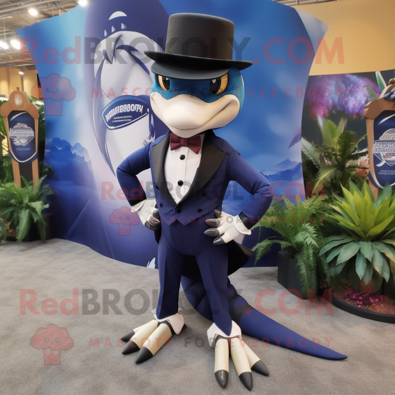 Navy Dimorphodon mascot costume character dressed with a Tuxedo and Backpacks Navy Dimorphodon mascot costume character dressed with a Tuxedo and Backpacks