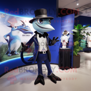 Navy Dimorphodon mascot costume character dressed with a Tuxedo and Backpacks