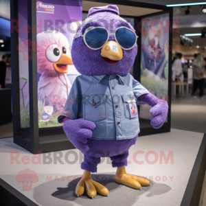 Purple Dove mascot costume character dressed with a Denim Shorts and Wraps