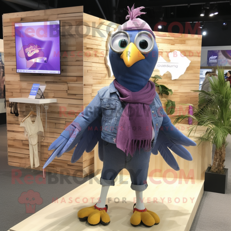 Purple Dove mascot costume character dressed with a Denim Shorts and Wraps