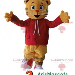 Orange Cat Tiger Maskottchen mit einem roten Sweatshirt -