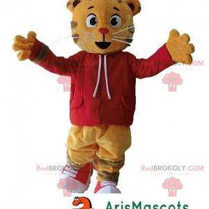 Oranžový kočka tygr maskot s červenou mikinu - Redbrokoly.com