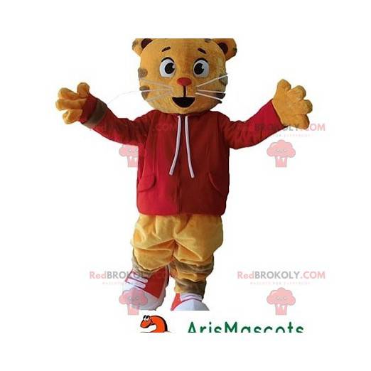 Oranje kat tijger mascotte met een rood sweatshirt -