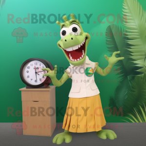 Tan Crocodile mascot costume character dressed with a Maxi Skirt and Digital watches