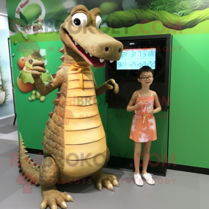 Tan Crocodile mascot costume character dressed with a Maxi Skirt and Digital watches