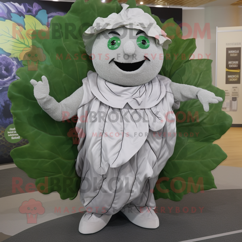 Silver Cabbage Leaf mascot costume character dressed with a Playsuit and Shawl pins Silver Cabbage Leaf mascot costume character dressed with a Playsuit and Shawl pins
