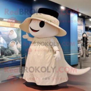 Cream Whale mascot costume character dressed with a A-Line Dress and Hats