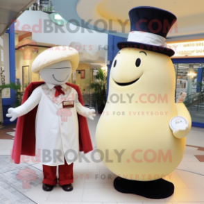 Cream Whale mascot costume character dressed with a A-Line Dress and Hats