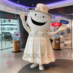 Cream Whale mascot costume character dressed with a A-Line Dress and Hats