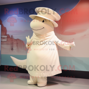 Cream Whale mascot costume character dressed with a A-Line Dress and Hats