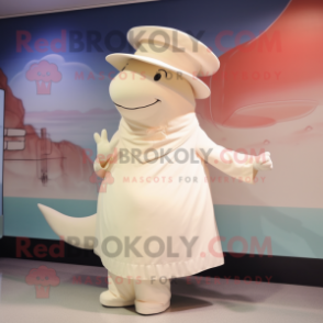 Cream Whale mascot costume character dressed with a A-Line Dress and Hats