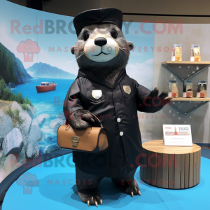 Black Otter mascot costume character dressed with a Parka and Coin purses