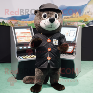 Black Otter mascot costume character dressed with a Parka and Coin purses