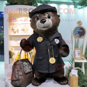 Black Otter mascot costume character dressed with a Parka and Coin purses