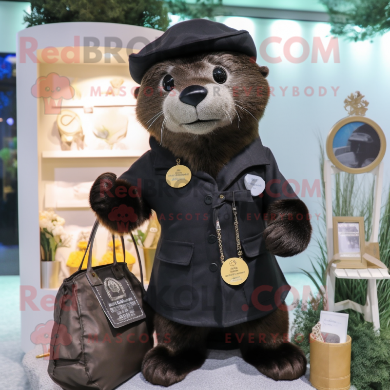 Black Otter mascot costume character dressed with a Parka and Coin purses Black Otter mascot costume character dressed with a Parka and Coin purses