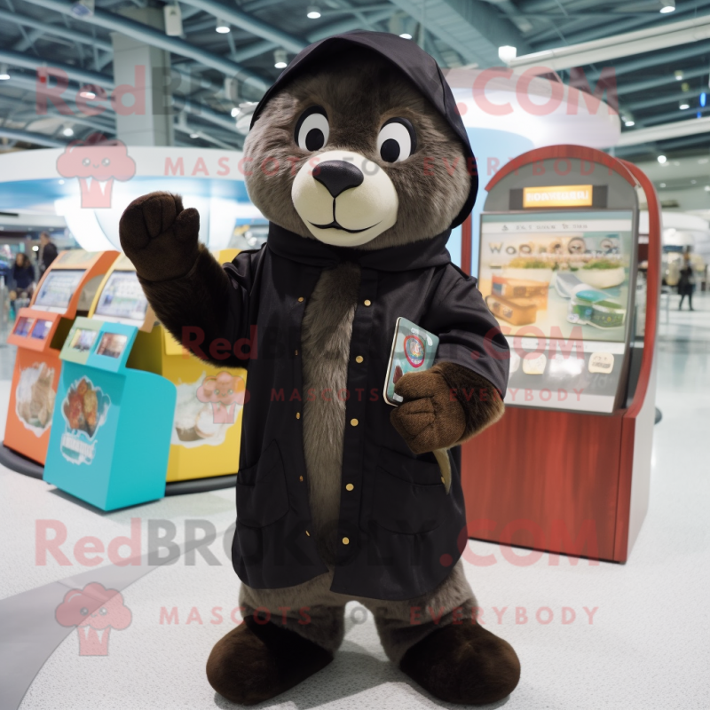 Black Otter mascot costume character dressed with a Parka and Coin purses