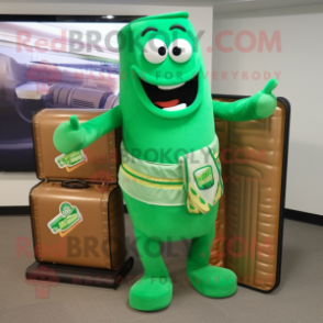 Green Bbq Ribs mascot costume character dressed with a Cover-up and Briefcases