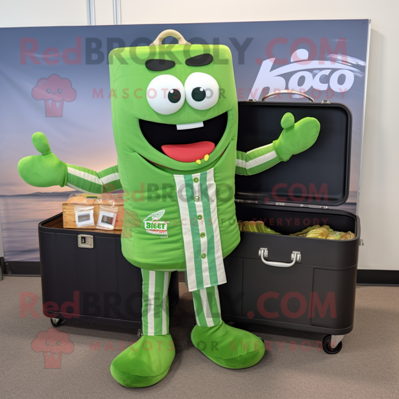 Green Bbq Ribs mascot costume character dressed with a Cover-up and Briefcases Green Bbq Ribs mascot costume character dressed with a Cover-up and Briefcases