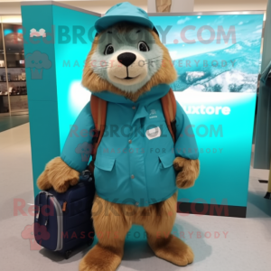 Turquoise Marmot mascot costume character dressed with a Parka and Messenger bags