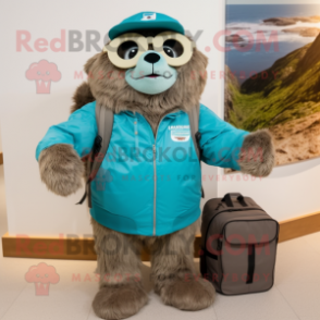 Turquoise Marmot mascot costume character dressed with a Parka and Messenger bags