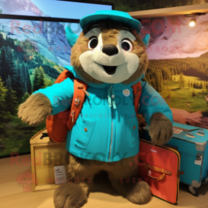 Turquoise Marmot mascot costume character dressed with a Parka and Messenger bags