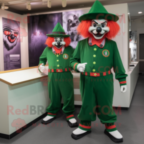 Forest Green Evil Clown mascot costume character dressed with a Culottes and Berets