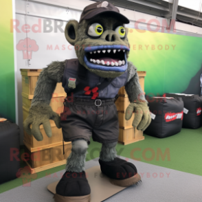 Black Zombie mascot costume character dressed with a Cargo Shorts and Foot pads