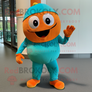 Turquoise Orange mascot costume character dressed with a Tank Top and Foot pads