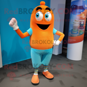 Turquoise Orange mascot costume character dressed with a Tank Top and Foot pads