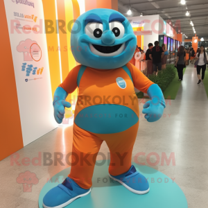 Turquoise Orange mascot costume character dressed with a Tank Top and Foot pads