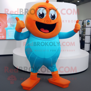 Turquoise Orange mascot costume character dressed with a Tank Top and Foot pads