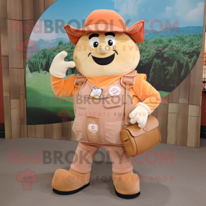 Peach Beef Stroganoff mascot costume character dressed with a Overalls and Messenger bags
