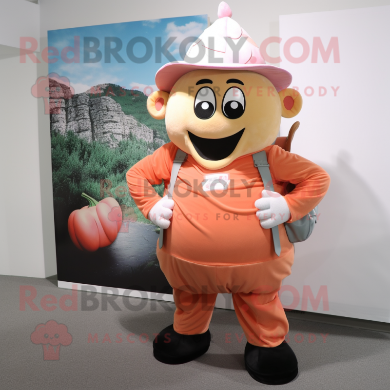 Peach Beef Stroganoff mascot costume character dressed with a Overalls and Messenger bags Peach Beef Stroganoff mascot costume character dressed with a Overalls and Messenger bags