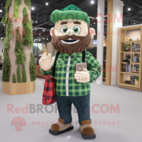 Forest Green Pendant mascot costume character dressed with a Flannel Shirt and Wallets