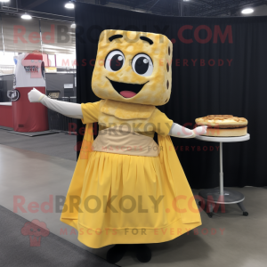 Yellow Grilled Cheese Sandwich mascot costume character dressed with a Empire Waist Dress and Cummerbunds