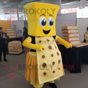 Yellow Grilled Cheese Sandwich mascot costume character dressed with a Empire Waist Dress and Cummerbunds