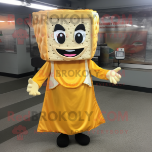 Yellow Grilled Cheese Sandwich mascot costume character dressed with a Empire Waist Dress and Cummerbunds