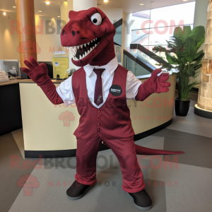 Maroon Allosaurus mascot costume character dressed with a Shift Dress and Suspenders